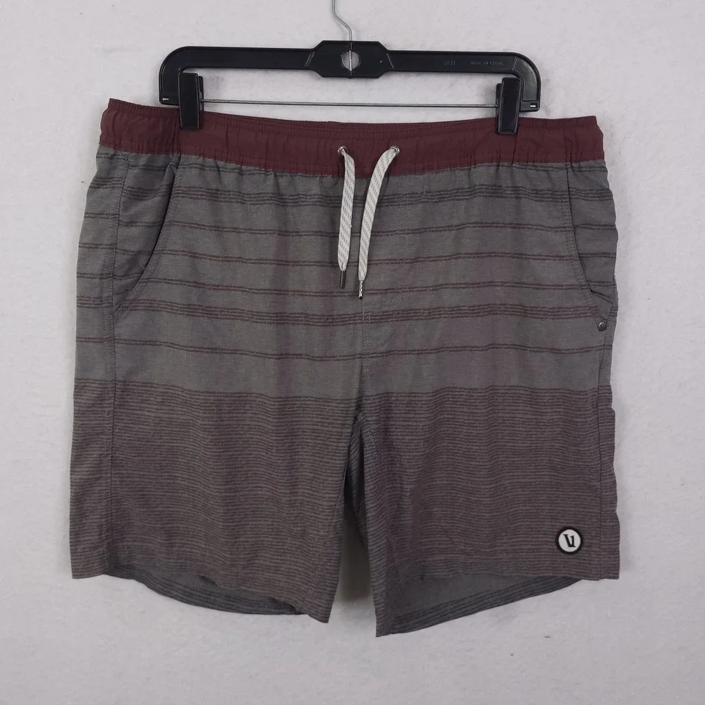 Vuori Board Shorts Mens Large Gray Burgundy Striped Hybrid Swim Trunks
